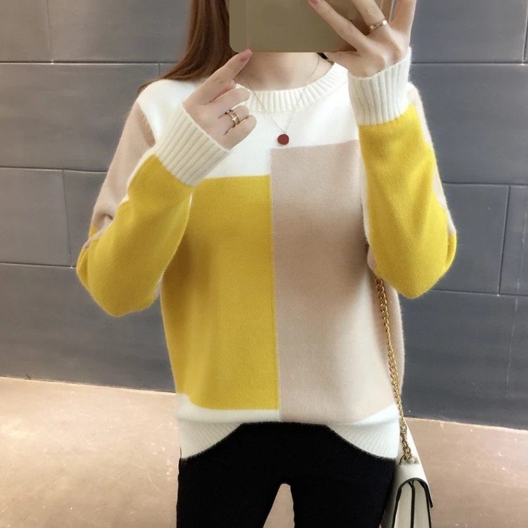 Women's Candy-Colored Pullover 2021 Early Autumn New Korean-Style Color Matching Long-Sleeved Knitted Bottoming Shirt