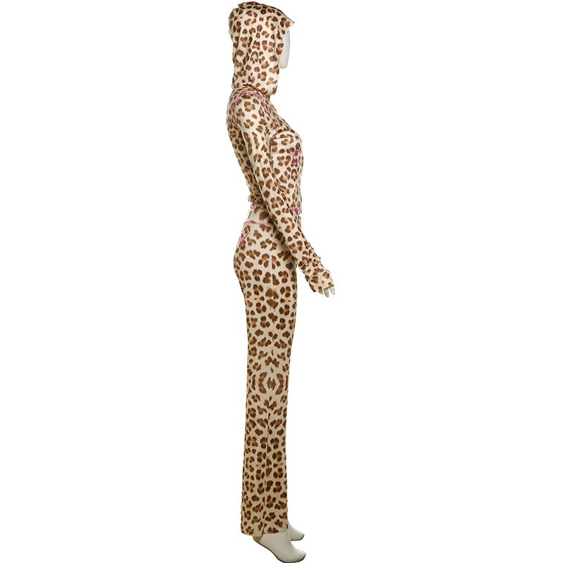 Fall Winter Casual Leopard Print Sexy Long Sleeve Hoodie Shirt Bodycon Long Pant Set Lady Two 2 Piece Set Matching Women Sets