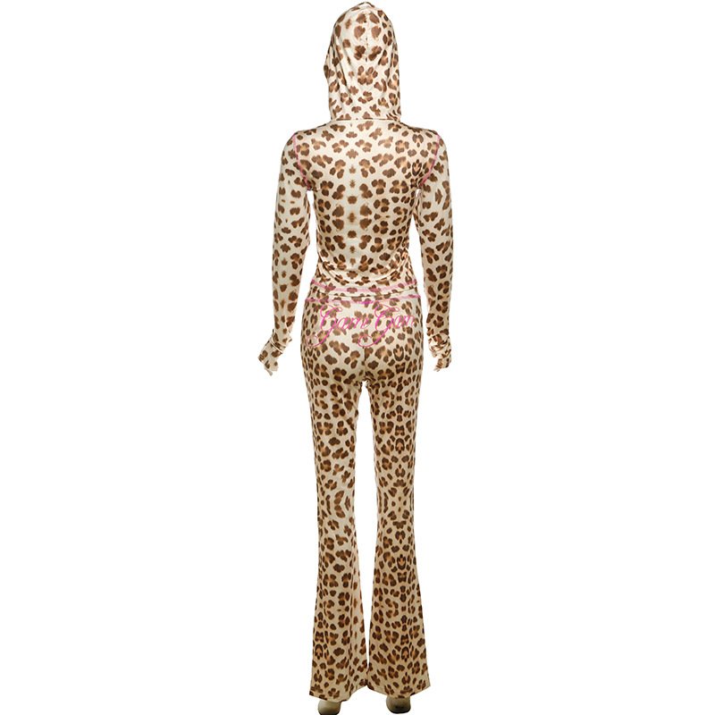 Fall Winter Casual Leopard Print Sexy Long Sleeve Hoodie Shirt Bodycon Long Pant Set Lady Two 2 Piece Set Matching Women Sets