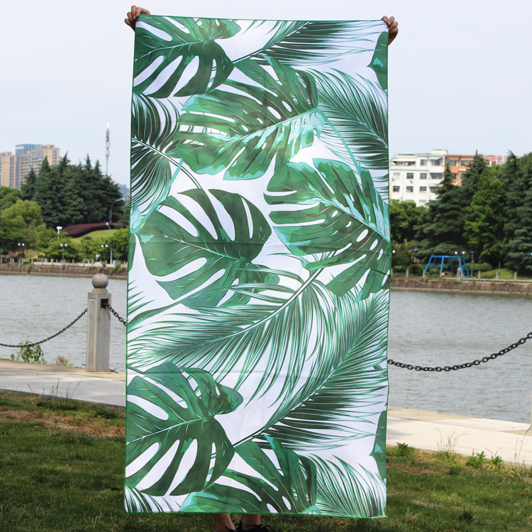 eco beach towel drawstring bag package tropical palm print waffle sand free oval beach towels compressed beach towels
