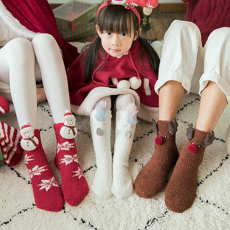 2021 New winter 3D cute cartoon fluffy fuzzy warm Christmas matching mom and baby socks