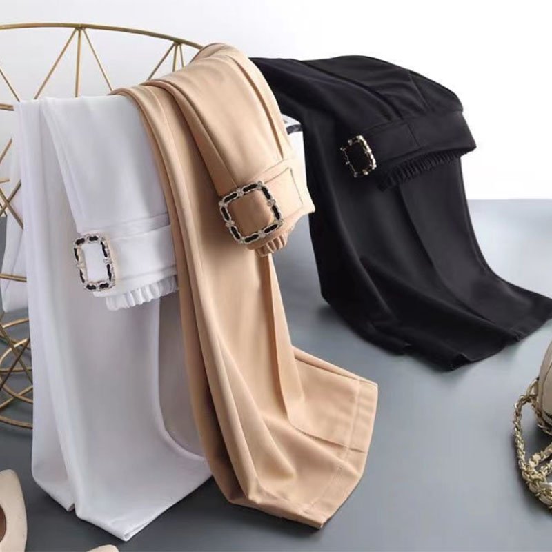 Spring Summer High Waist Pocket Wide Leg Trousers Lady All Match Casual Pants
