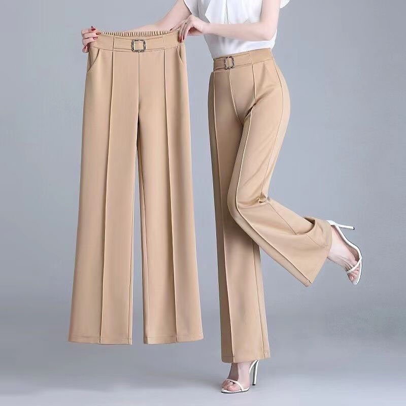 Spring Summer High Waist Pocket Wide Leg Trousers Lady All Match Casual Pants