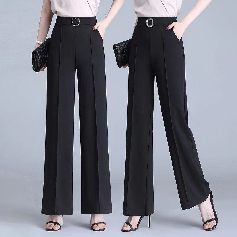 Spring Summer High Waist Pocket Wide Leg Trousers Lady All Match Casual Pants