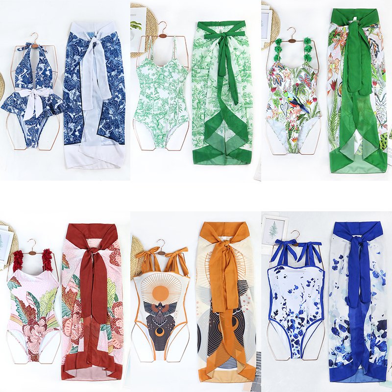 2024 New Women Printed Swimsuit Cover Up Ruffle Strap One Pieces Bathing Suit Floral Swimwear Beachwear