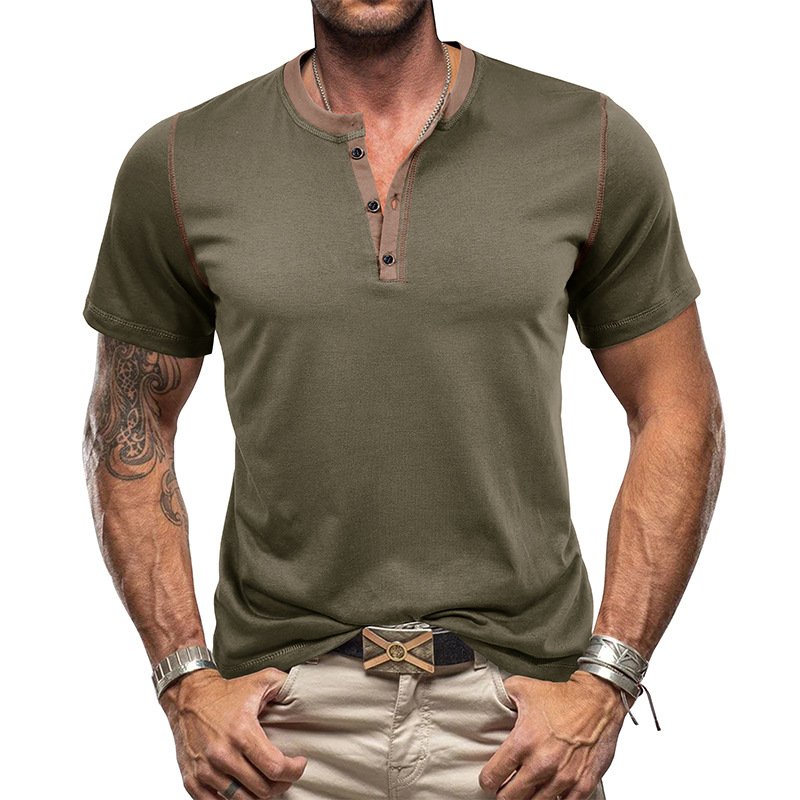 Summer European and American men's short sleeved Henry shirt men's O-neck color matching T-shirt