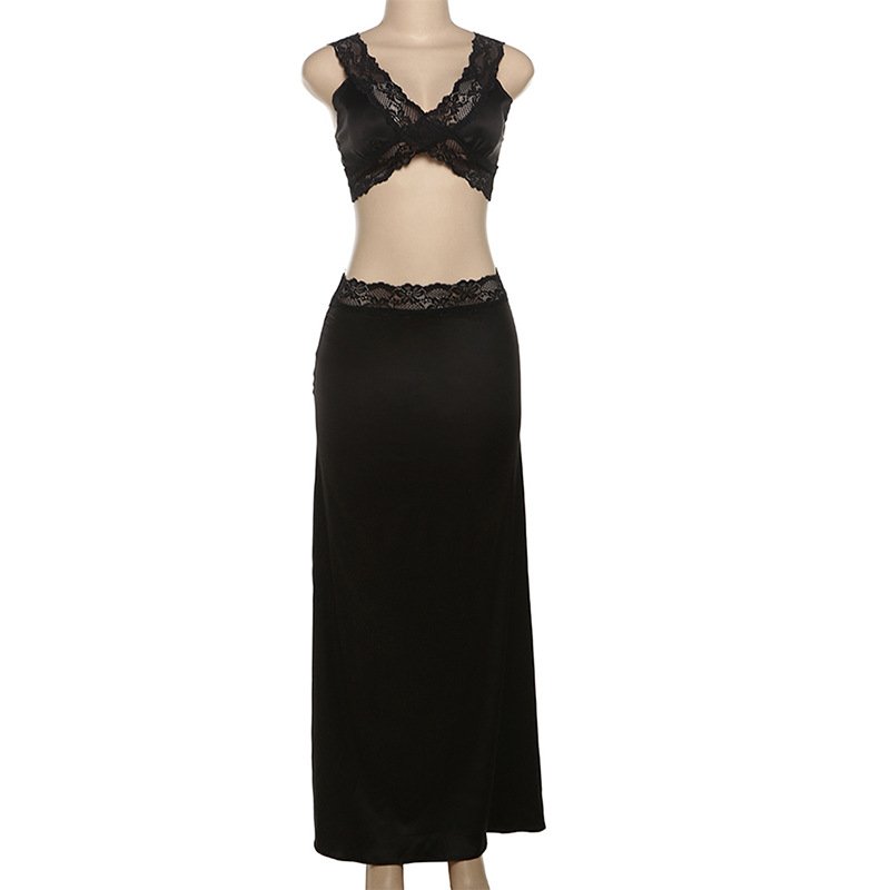 Summer Sexy Sleeveless Patchwork Lace 2 Piece Set Hollow Out Crop Top Vest Long Maxi Skirt Matching Women Two Piece Skirt Set