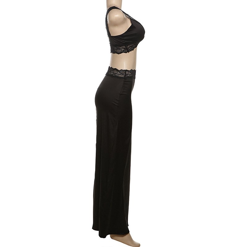 Summer Sexy Sleeveless Patchwork Lace 2 Piece Set Hollow Out Crop Top Vest Long Maxi Skirt Matching Women Two Piece Skirt Set