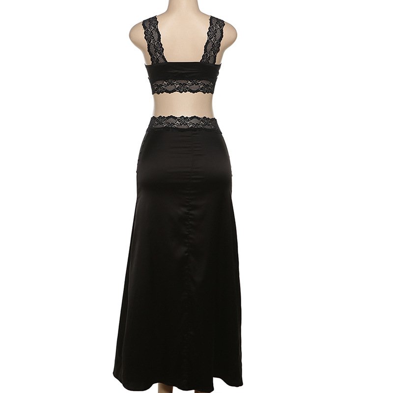 Summer Sexy Sleeveless Patchwork Lace 2 Piece Set Hollow Out Crop Top Vest Long Maxi Skirt Matching Women Two Piece Skirt Set