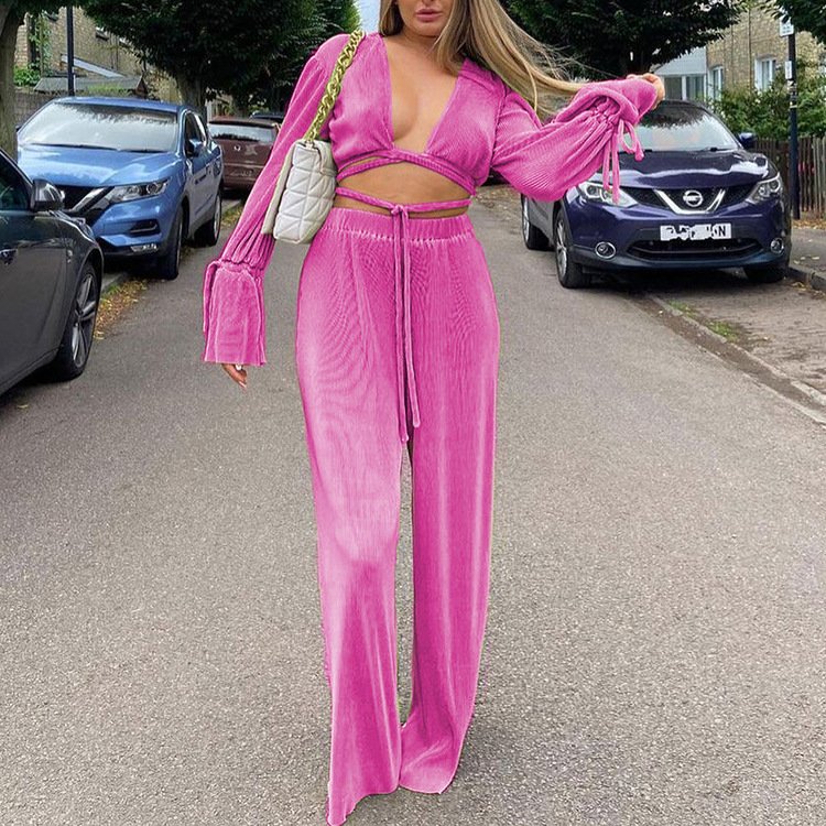 Fast Shipping Elastic Waist Trousers Plisse Matching Set Lace Up Crop Tops Green Pleated 2 Piece Sets
