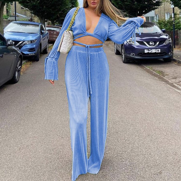 Fast Shipping Elastic Waist Trousers Plisse Matching Set Lace Up Crop Tops Green Pleated 2 Piece Sets