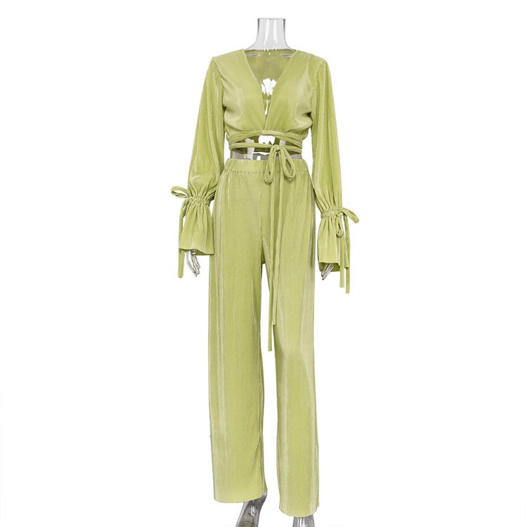Fast Shipping Elastic Waist Trousers Plisse Matching Set Lace Up Crop Tops Green Pleated 2 Piece Sets