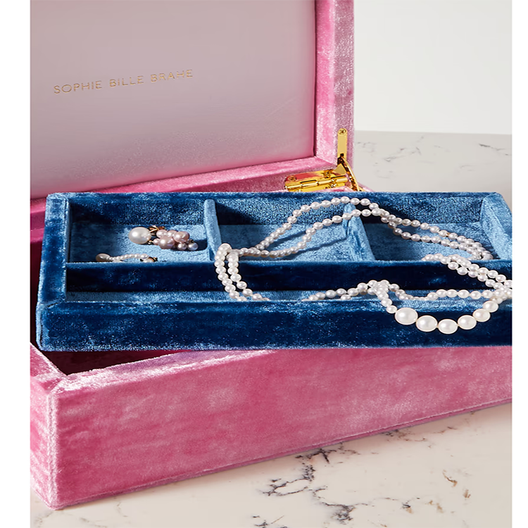 2 Layers Pink Velvet Jewelry Box With Hot Stamping Logo Blue Satin inside Display Jewelry Gift Box With Magnetic Fastening
