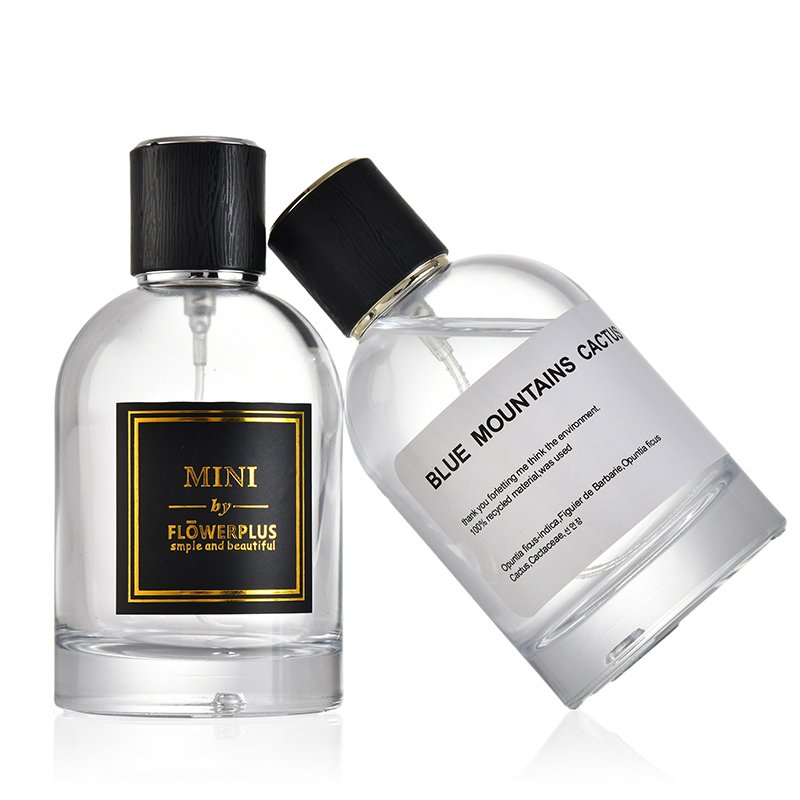 100ml popular elegant transparent perfume glass bottle with press pump and pump sprayer matched customized lid