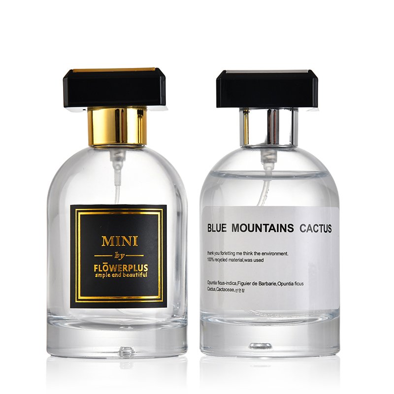 100ml popular elegant transparent perfume glass bottle with press pump and pump sprayer matched customized lid