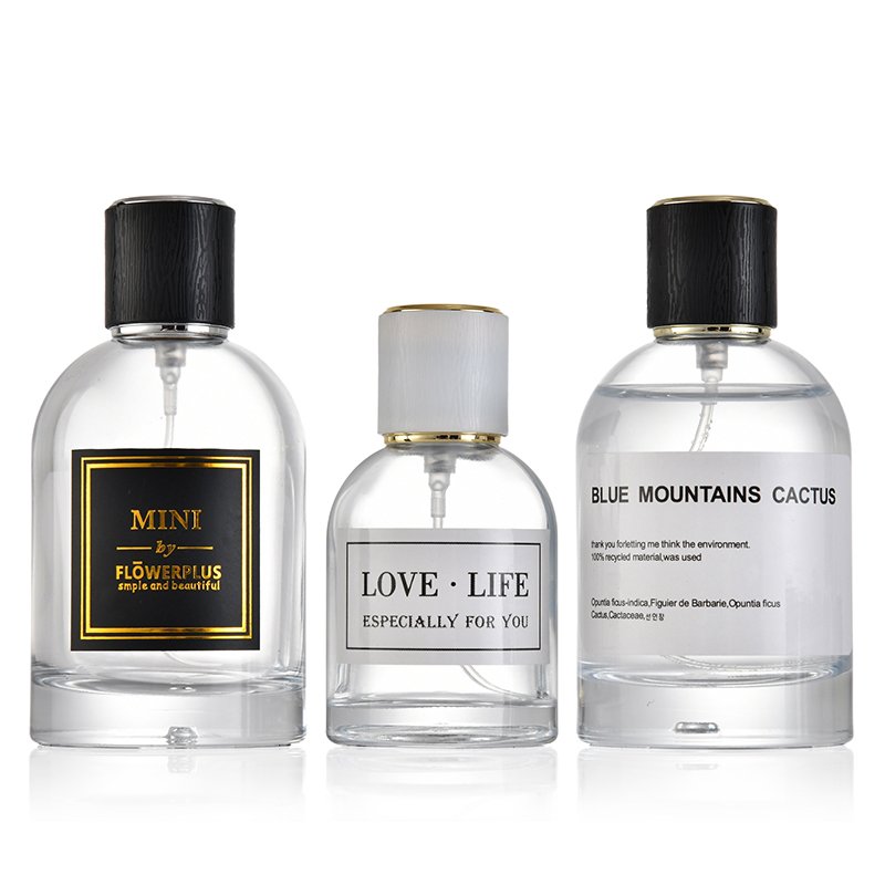 100ml popular elegant transparent perfume glass bottle with press pump and pump sprayer matched customized lid