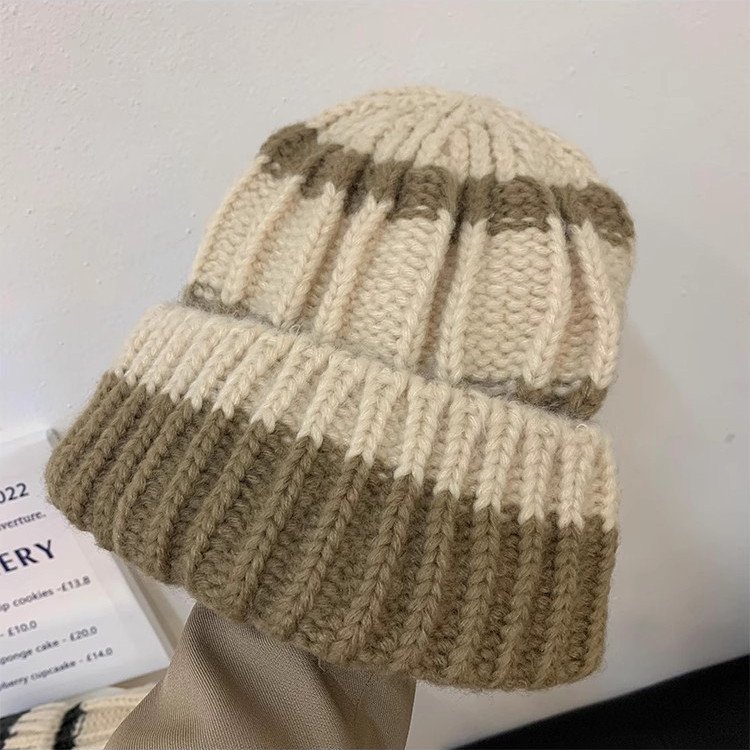 Vintage knit color matching cold hat women's winter temperament hat big head circumference thick woolen hat show small face