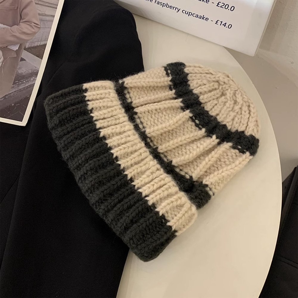 Vintage knit color matching cold hat women's winter temperament hat big head circumference thick woolen hat show small face