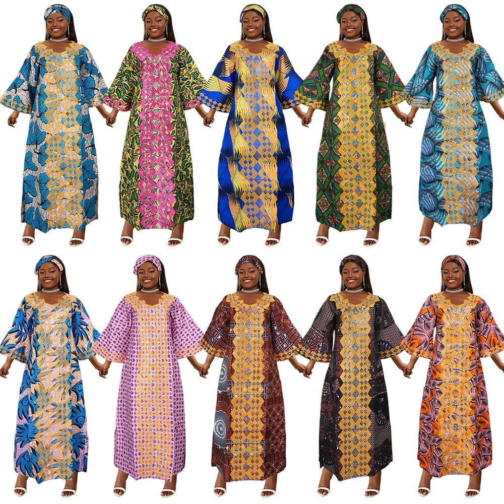 African Best Selling New Fashion Floral Boubou Premium Wax Material Dress Set With Matching Scarf For Women K0646