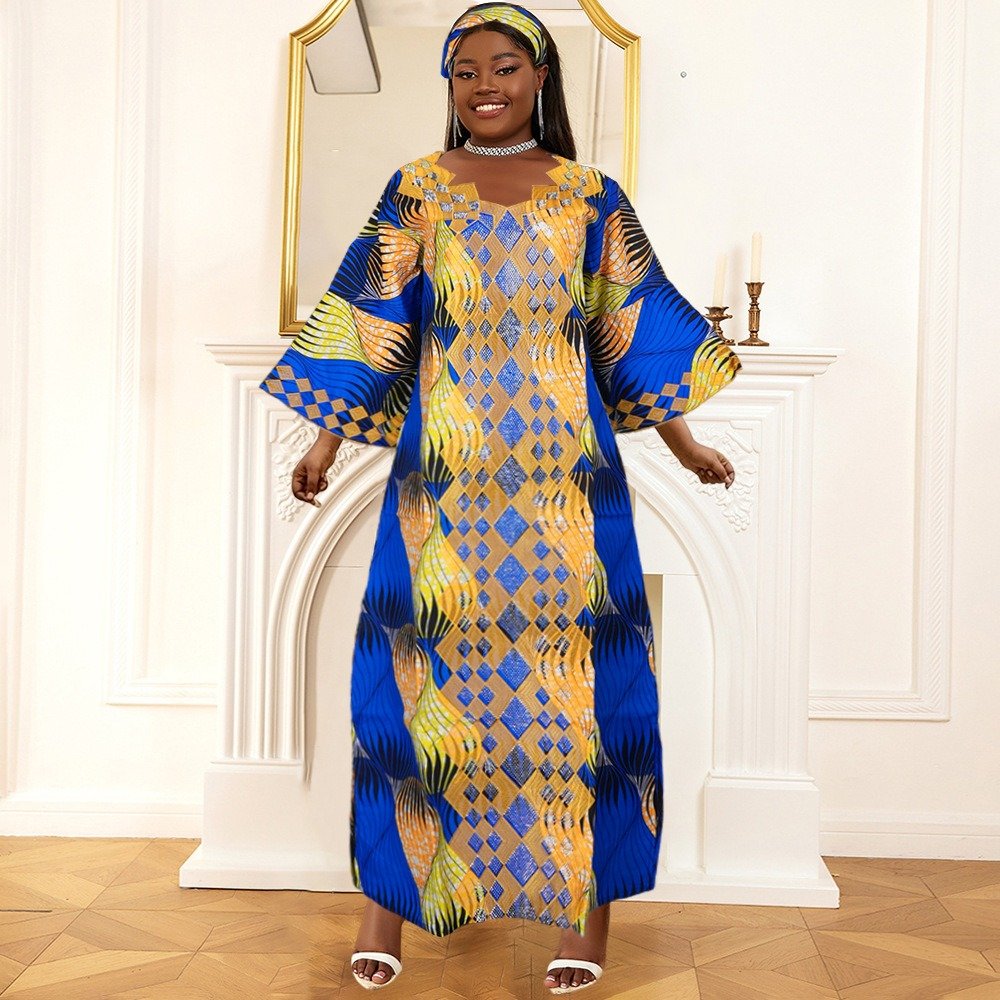 African Best Selling New Fashion Floral Boubou Premium Wax Material Dress Set With Matching Scarf For Women K0646