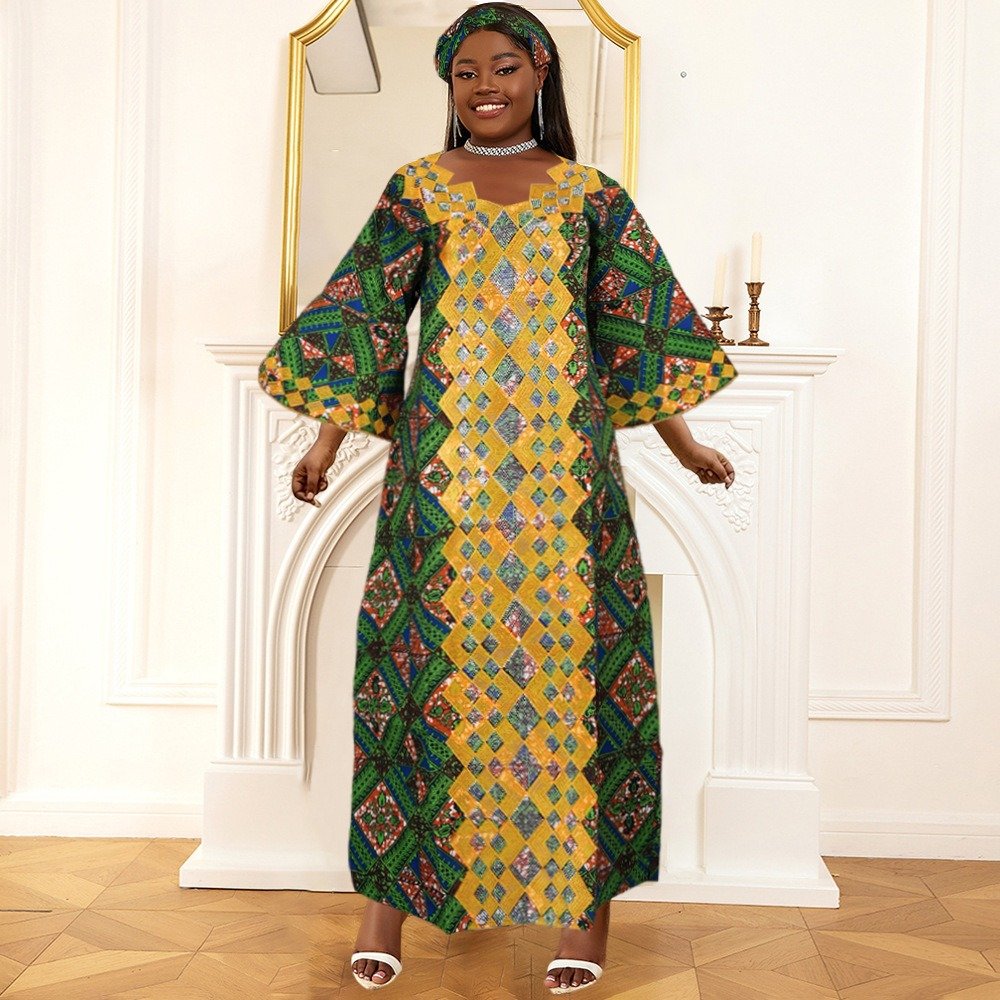 African Best Selling New Fashion Floral Boubou Premium Wax Material Dress Set With Matching Scarf For Women K0646