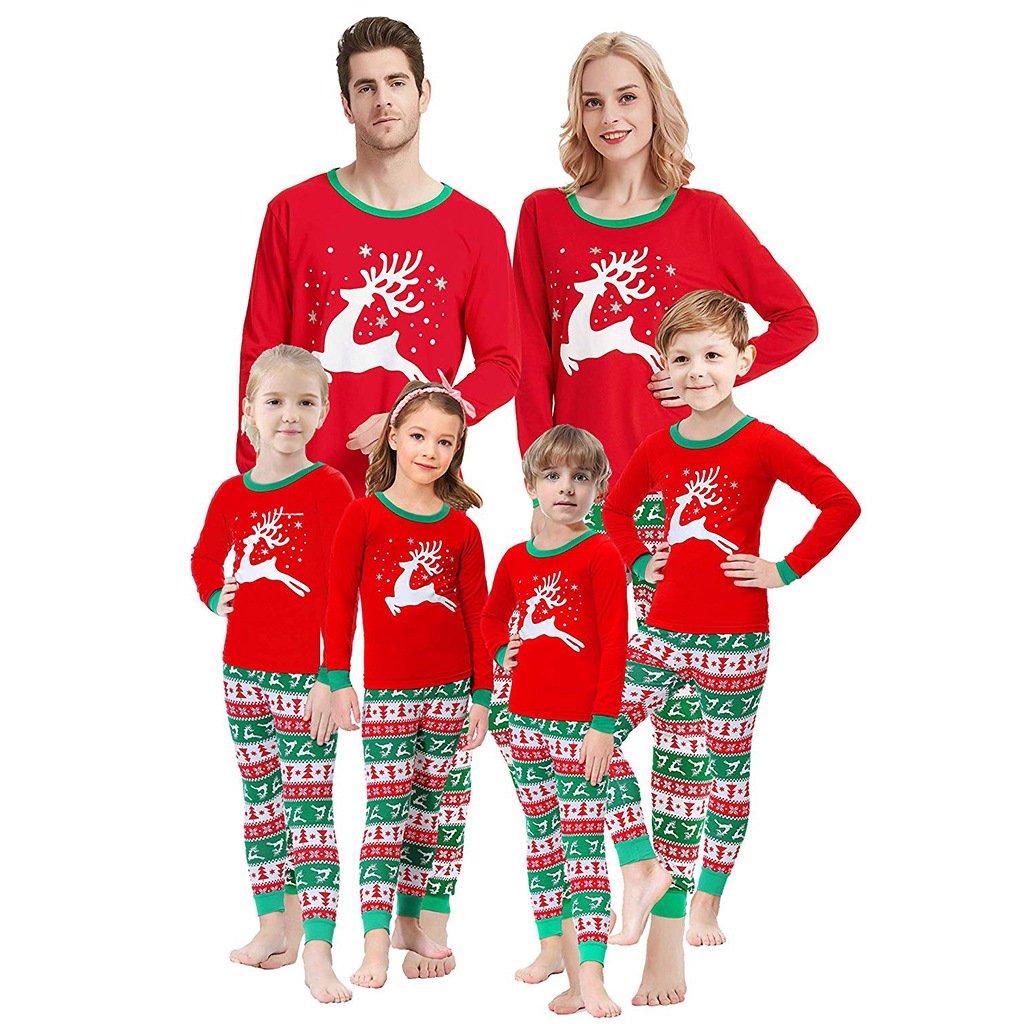 New Arrival Christmas Family Pajamas Sets Matching Christmas Pajamas with Deer Printed Plaid Pants Sleepwear