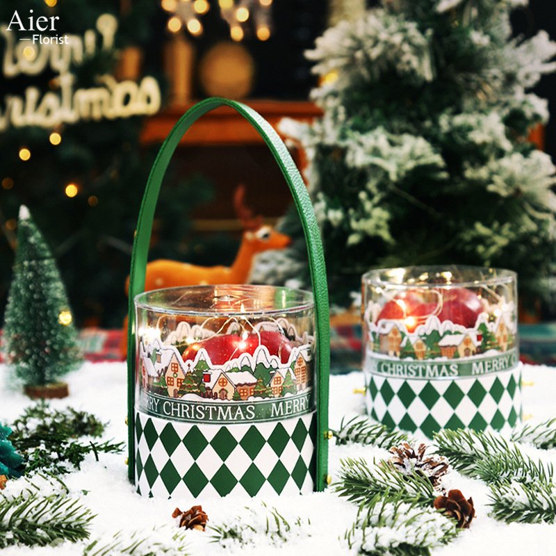 Aierflorist New Arrival Starry Christmas Circular Fruit Apple box or Christmas Candy box Round Empty box With Acrylic Window