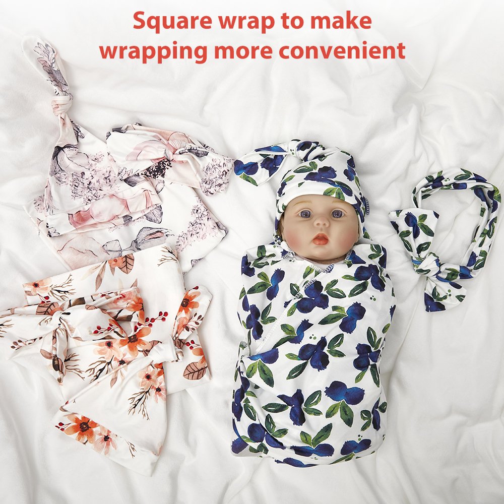 Milk Silk Elastic Newborn Receiving Blanket Super Soft Baby Swaddle with Matching Hat and Headband Bow