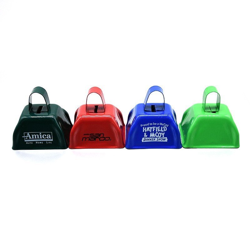 Promo custom imprint 3 Inch cow bells with handle school spirit noisemakers classic metal cowbell for sporting events cheering