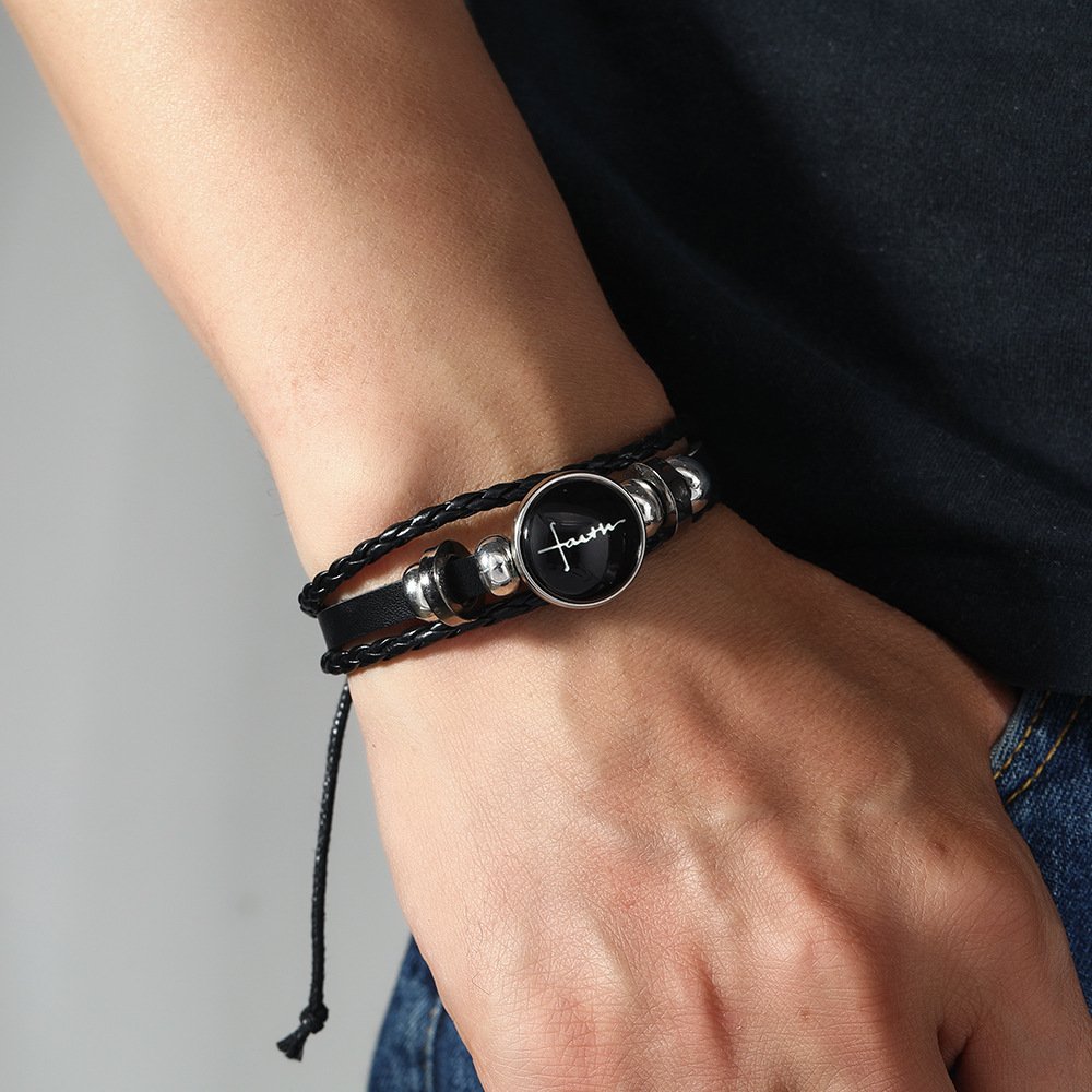 Manufacturer Christian Faith Cross Charm Long Distance Matching Bracelet Men's Genuine Leather Couple Bracelet for Women