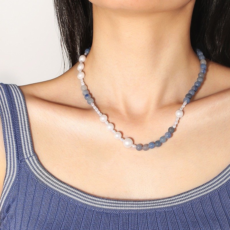 Best Selling Blue Natural Stone Bead Necklace Latest Design Retro Style Neckless Vintage Pearl Necklace Luxury