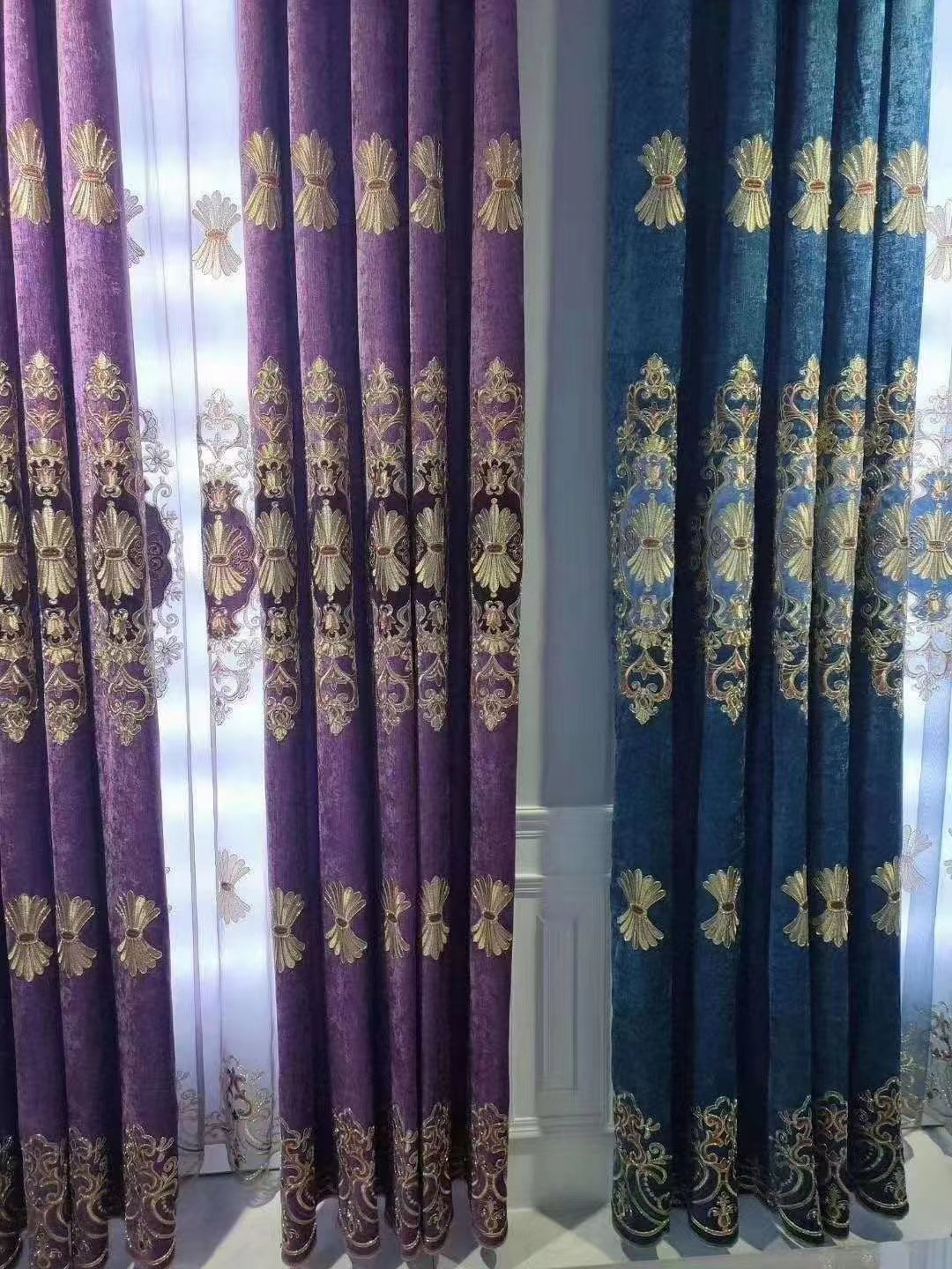 Custom European Style Luxury Chenille Embroidery Drapes With Match Sheer, Floral Embroidered Curtains For The Living Room