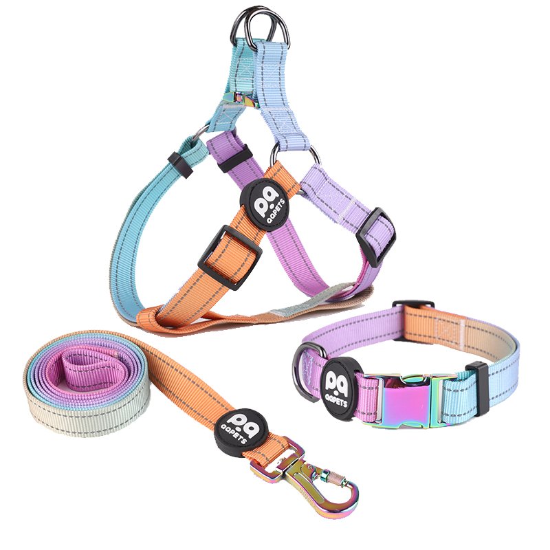 2024 hot selling custom reflective dog harness matching collar leash ombre pet chain strap para perros dog anti-pull harness