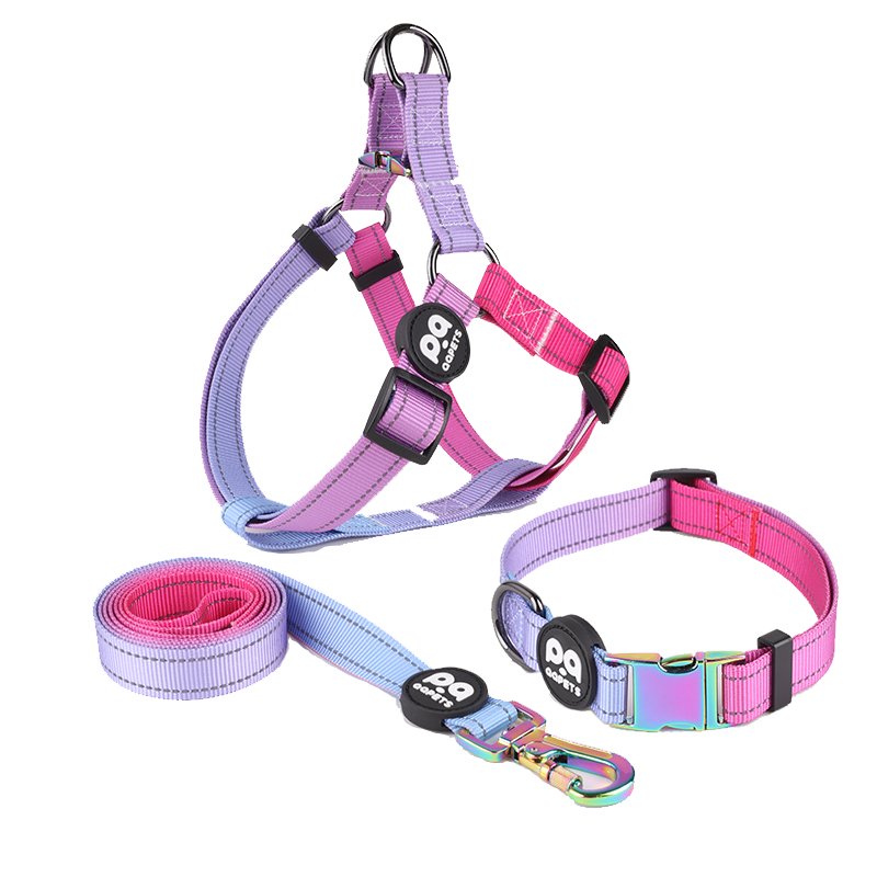 2024 hot selling custom reflective dog harness matching collar leash ombre pet chain strap para perros dog anti-pull harness