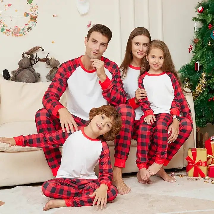 2024 XMAS pjs blank sublimation polyester christmas pajamas long sleeve white gingham square christmas pajamas family