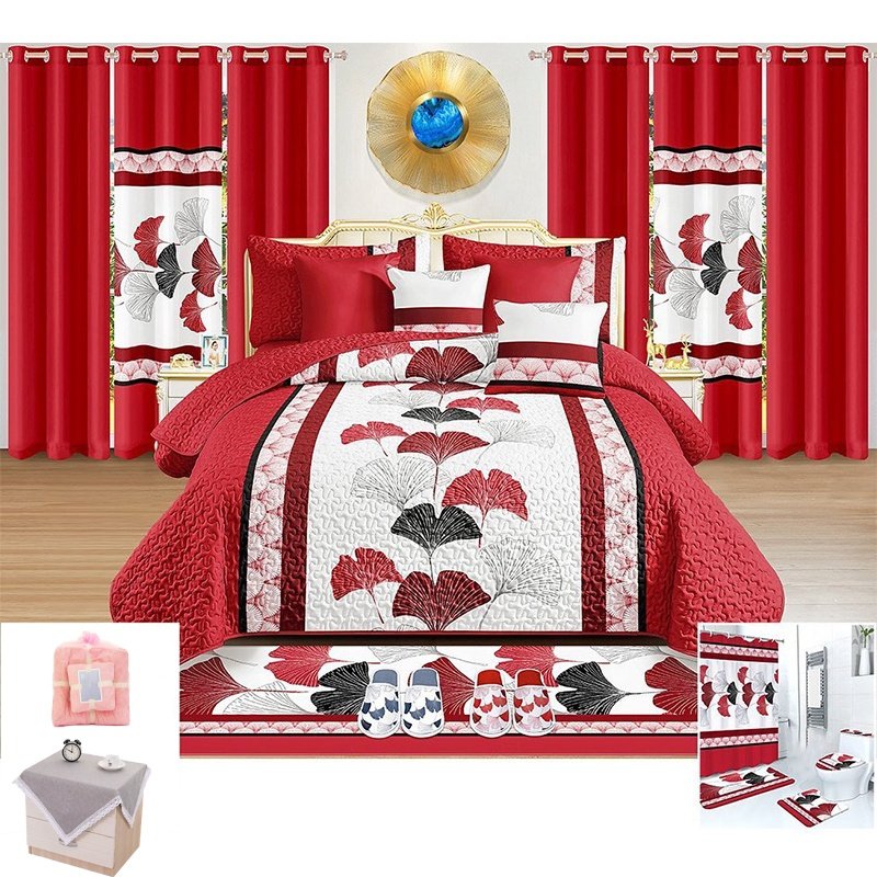 High Quality Printed Bedding Set with Matching King Size Curtains Bedspread and Flat Sheet for Wedding