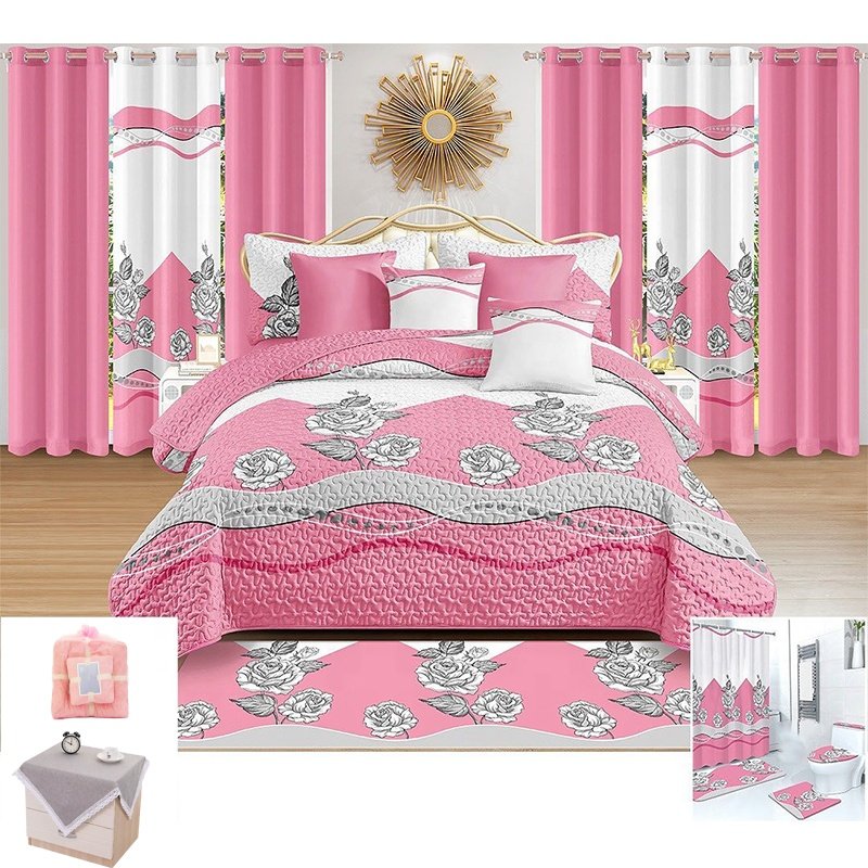High Quality Printed Bedding Set with Matching King Size Curtains Bedspread and Flat Sheet for Wedding