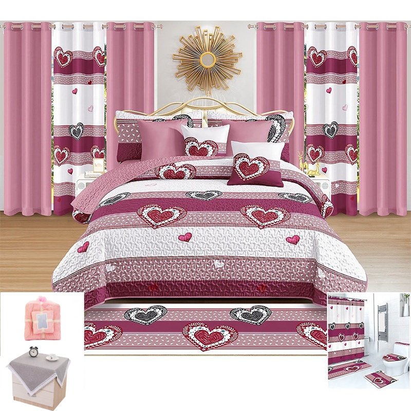High Quality Printed Bedding Set with Matching King Size Curtains Bedspread and Flat Sheet for Wedding