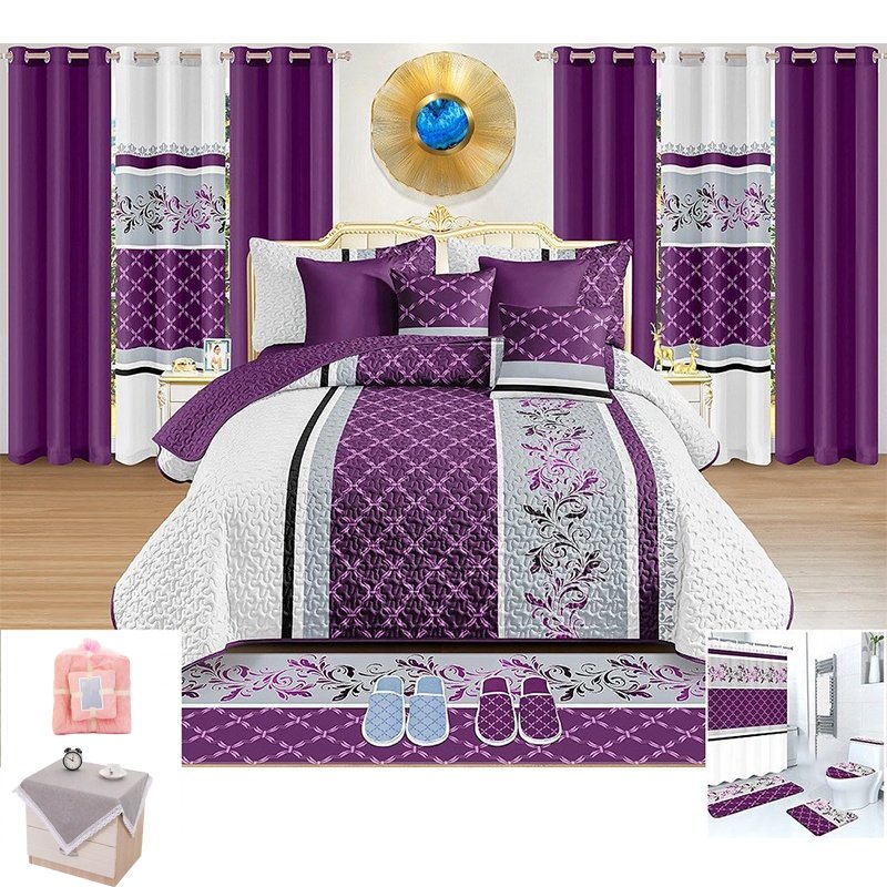 High Quality Printed Bedding Set with Matching King Size Curtains Bedspread and Flat Sheet for Wedding