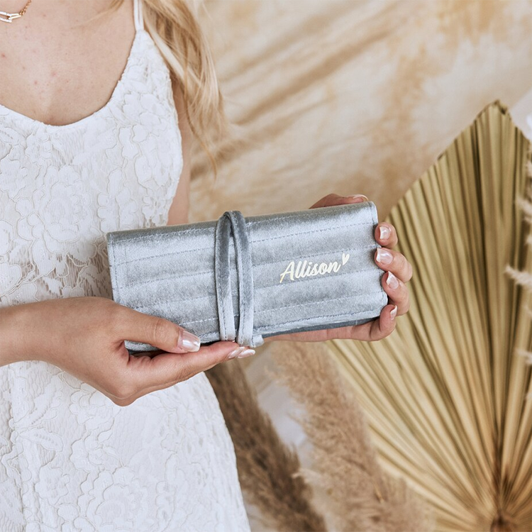 Personalised Dusky Pink Velvet Jewelry Roll With Gold Foil Logo Travel Jewelry Case Customized bridesmaid gifts