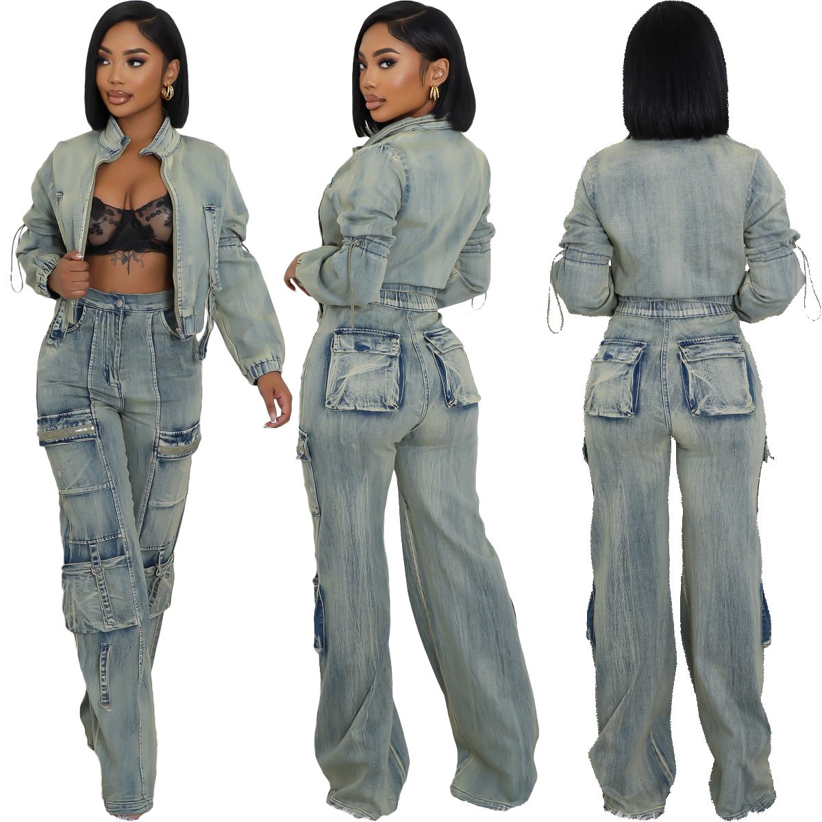 X16688C 2024 autumn and winter hot sale women denim coats and jeans matching 2 pieces sets
