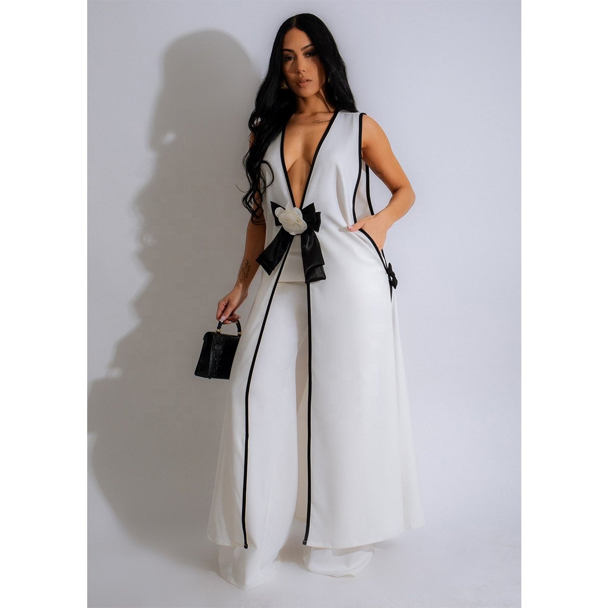 OUDINA Fast Shipping Casual 2 Piece Matching Set Outfit Top Blouse Loose Wide Leg Ladies Pants Womens Two Piece Sets
