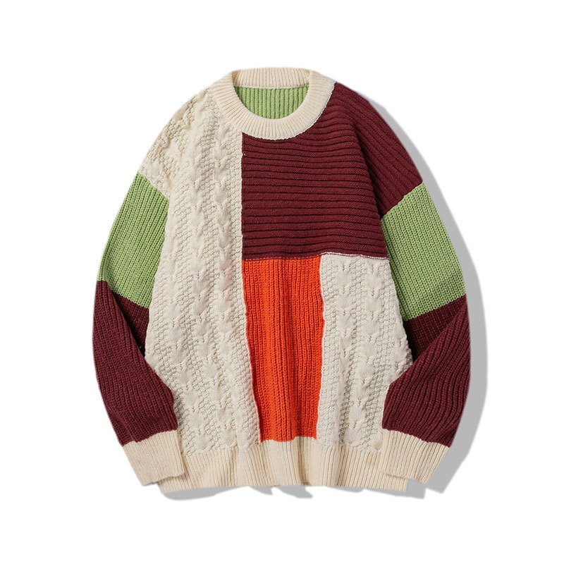 Unisex chequered British knit sweater for lovers mens knit sweater Color matching loose couples custom sweater men