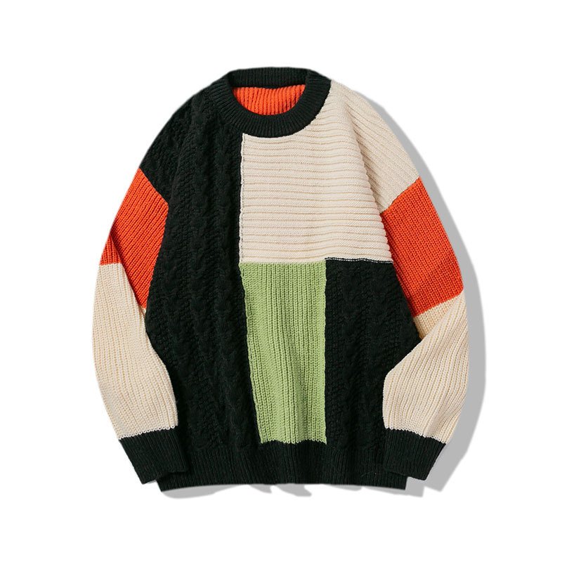 Unisex chequered British knit sweater for lovers mens knit sweater Color matching loose couples custom sweater men