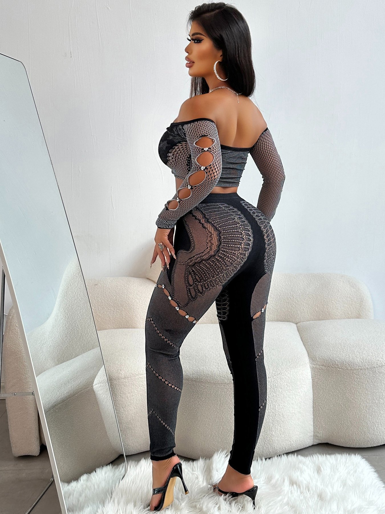 X16198C Thick Lace Sexy 2 Piece Set Outfit Women Off Shoulder Long Sleeves Crop Tops and Pants Clothing Female Elastic Clubwear