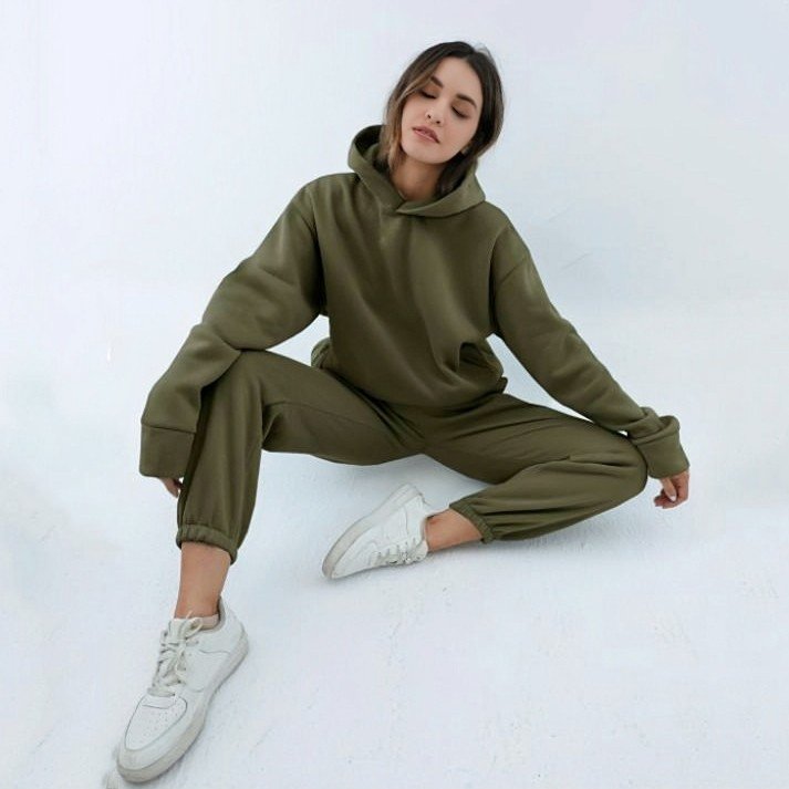 Fleece Women Warm Sweatsuits Autumn Winter Solid Hooded Pullover Tracksuit New Loose Two 2 Piece Matching Set