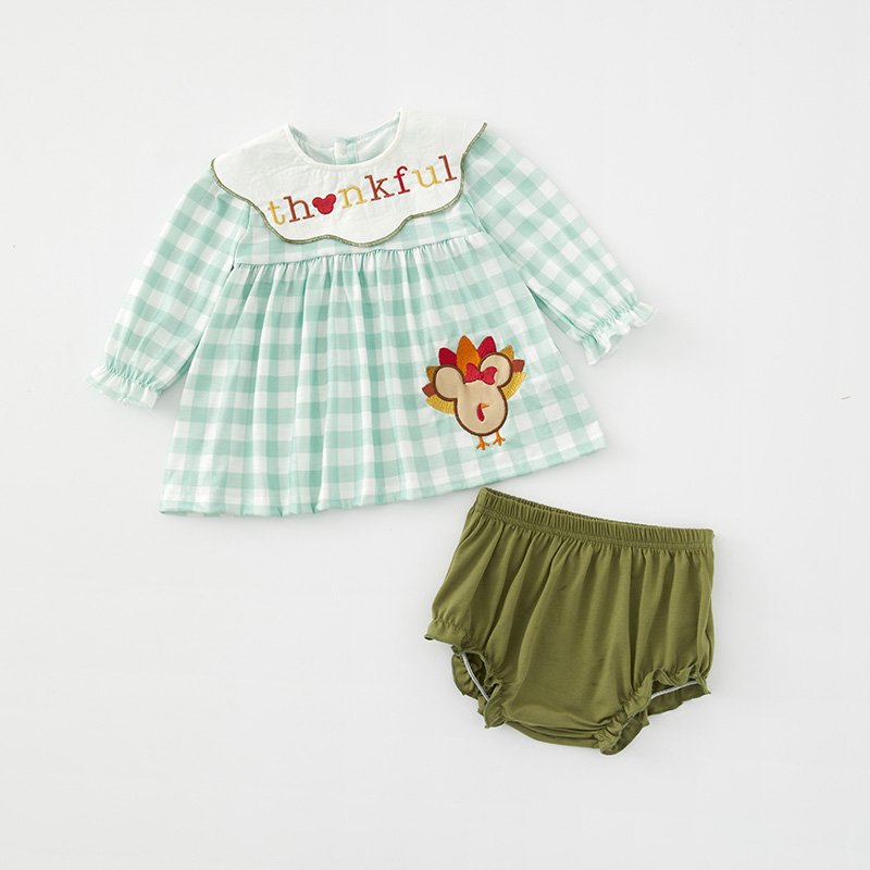 Kids Smocked Clothing Infant Baby Toddler Kids Sibling Matching Thanksgiving Plaid Turkey Embroidered Dress Outfit Romper