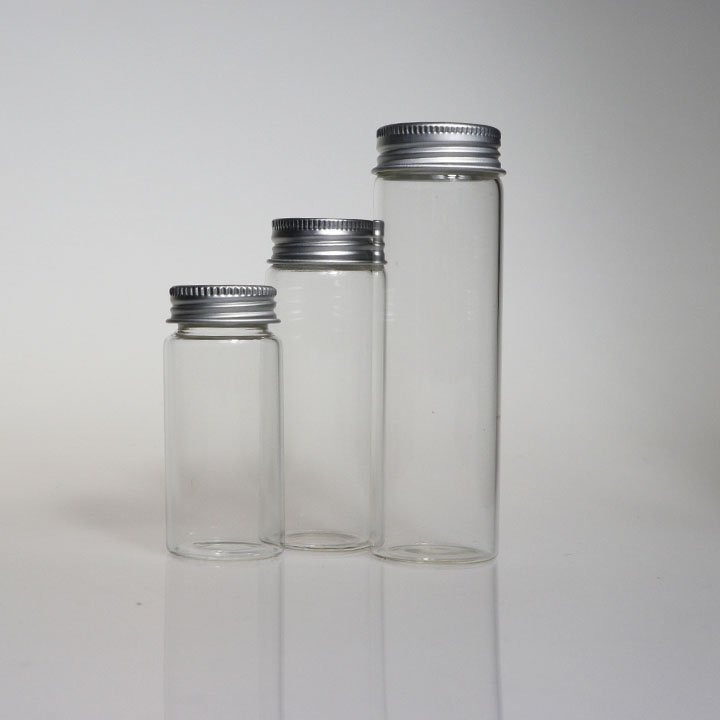 Custom Logo Clear Match Storage Jar 10ml 15cc Amber Glass Sample Vials Bottle With Aluminum Lid