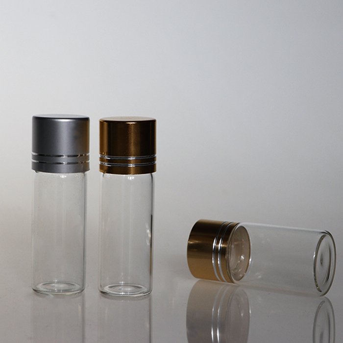 Custom Logo Clear Match Storage Jar 10ml 15cc Amber Glass Sample Vials Bottle With Aluminum Lid
