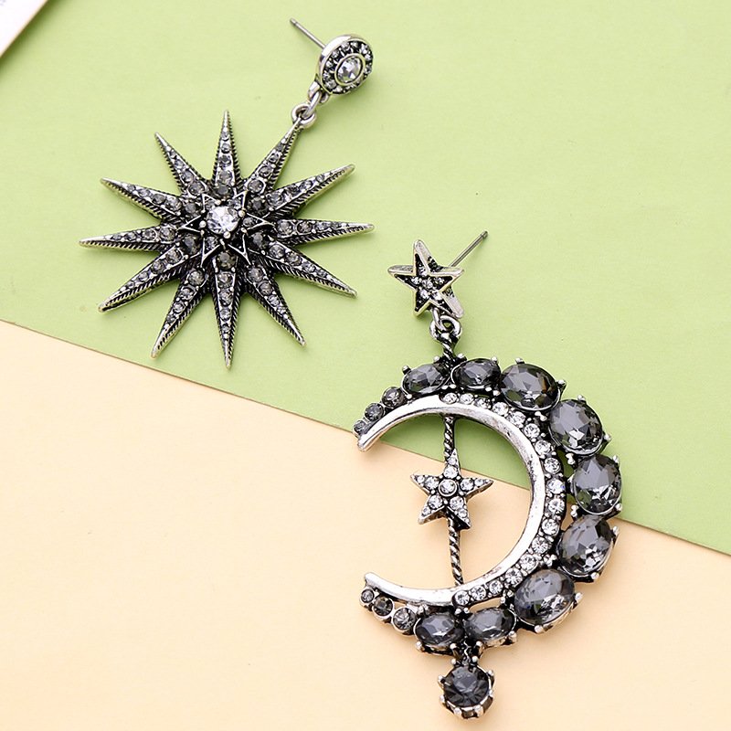 EM1110 Hot Sale Celestial Jewelry Crystal Pave Moon Crescent and Star Mismatched Miss Match Dangle Drop Stud Earrings for Women